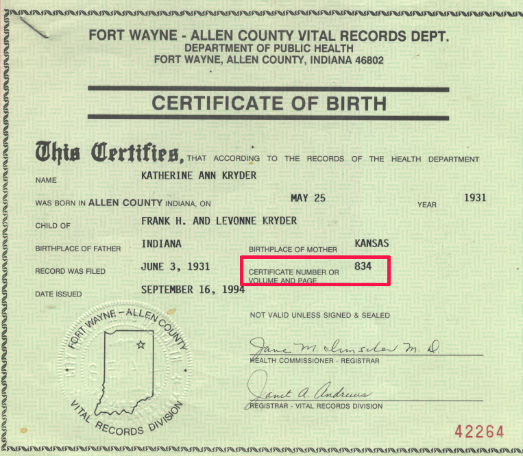 Katherine Ann Kryder Birth Certificate